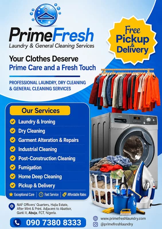 Primefresh Laundry and General Cleaning Services in Garki Area 1