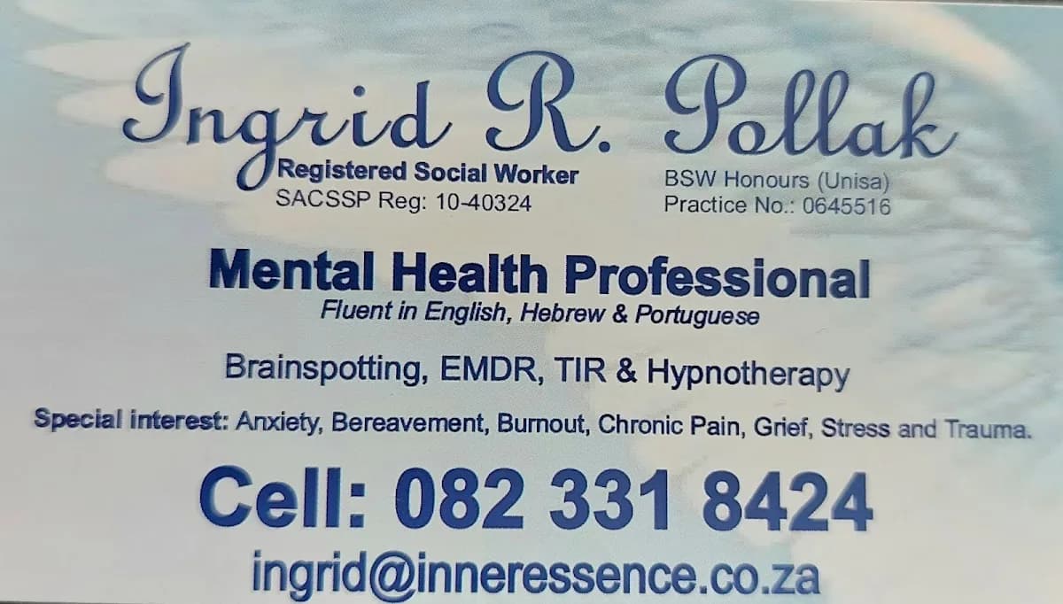 Ingrid Pollak, Psychotherapist, Social Worker, Somatic Therapist, Hypnotherapist, Reiki Master, Access Bars practitioner in Alberton