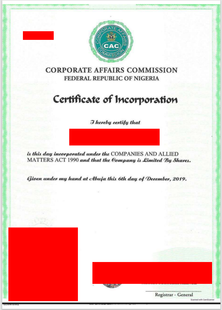 Sample Nigerian company CAC certificate