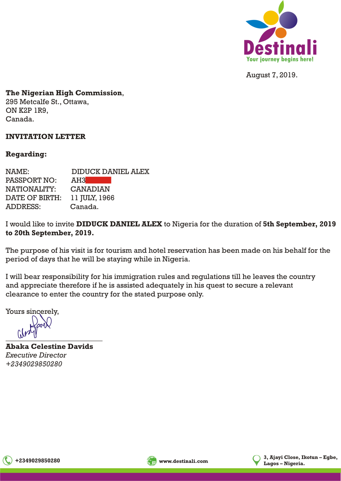 Sample Nigeria visa invitation letter